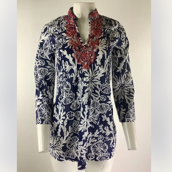 Lilly Pulitzer Sz XS Sarasota Beaded Tunic Top Blue White 100% Cotton Pullon - Picture 1 of 8